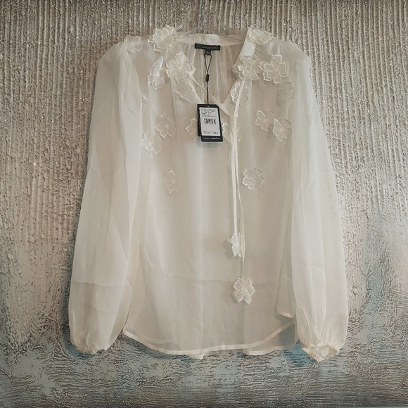 Adrianna Papell Floral Embroidered Chiffon Semi-Sheer Blouse Sz-L - Picture 3 of 8